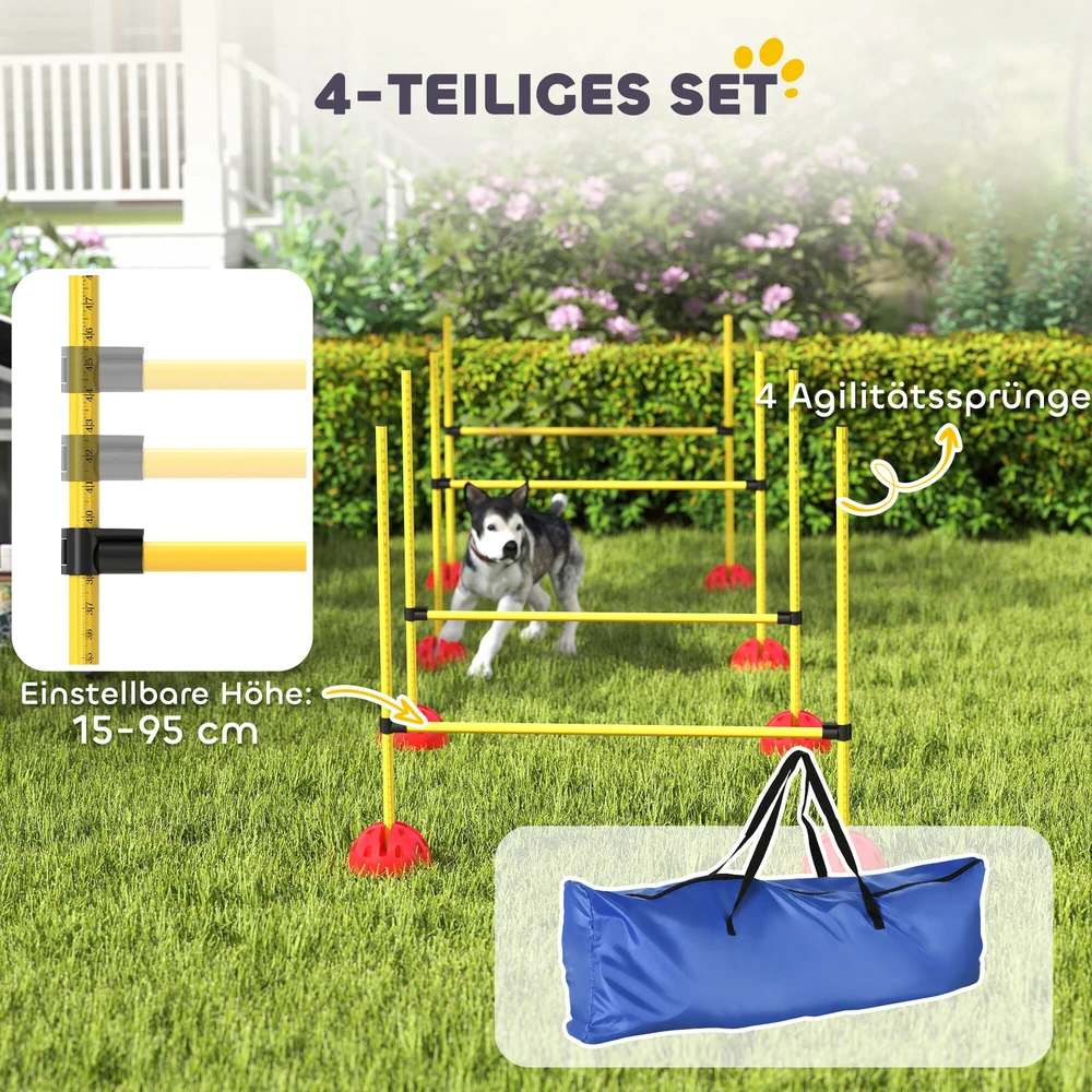 PawHut 5 dalių šunų dresūros rinkinys, užpildomas agility kliūčių ruožas su reguliuojamo aukščio barjerais ir krepšiu, skirtas koordinacijos treniruotėms ir žaidimams
