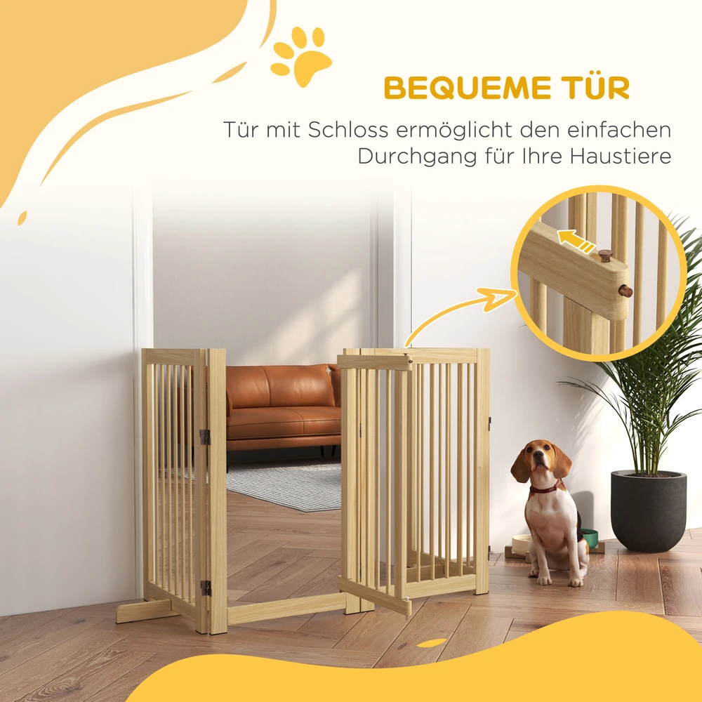 PawHut 4 dalių šunų atitvaras, 220 x 91 cm, sulankstomas apsauginis vartelis su durelėmis, laisvai pastatomas medinis atitvaras šunims, su 2 atraminėmis kojelėmis, varteliai laiptams, virtuvei, koridoriui, natūrali spalva | Aosom