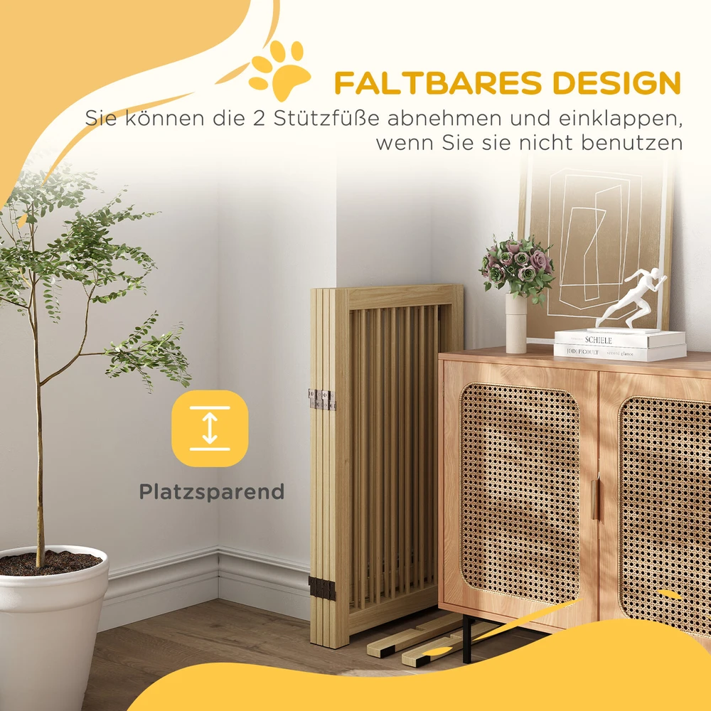 PawHut 4 dalių šunų atitvaras, 220 x 91 cm, sulankstomas apsauginis vartelis su durelėmis, laisvai pastatomas medinis atitvaras šunims, su 2 atraminėmis kojelėmis, varteliai laiptams, virtuvei, koridoriui, natūrali spalva | Aosom
