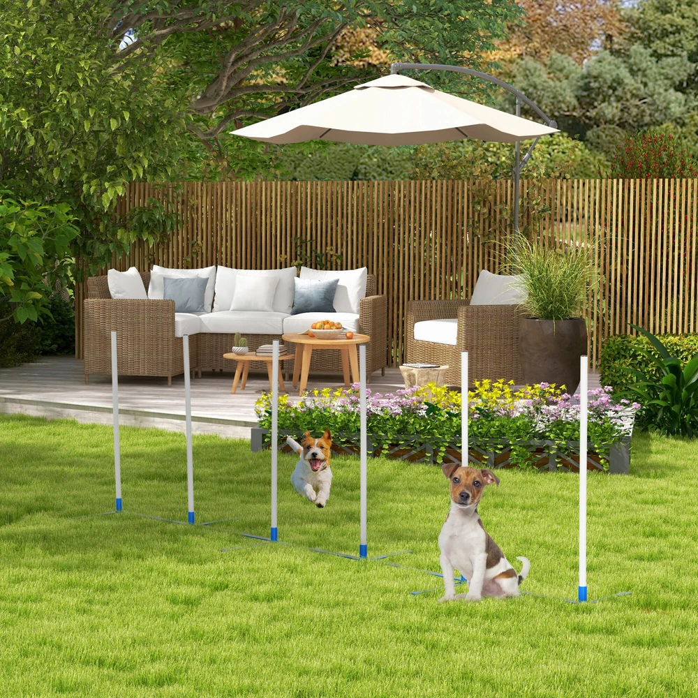 PawHut šunų slalomo stulpų agility treniruočių rinkinys su 600D krepšiu, polietileno plastikas, balta ir mėlyna spalvos, 305 x 60 x 94 cm