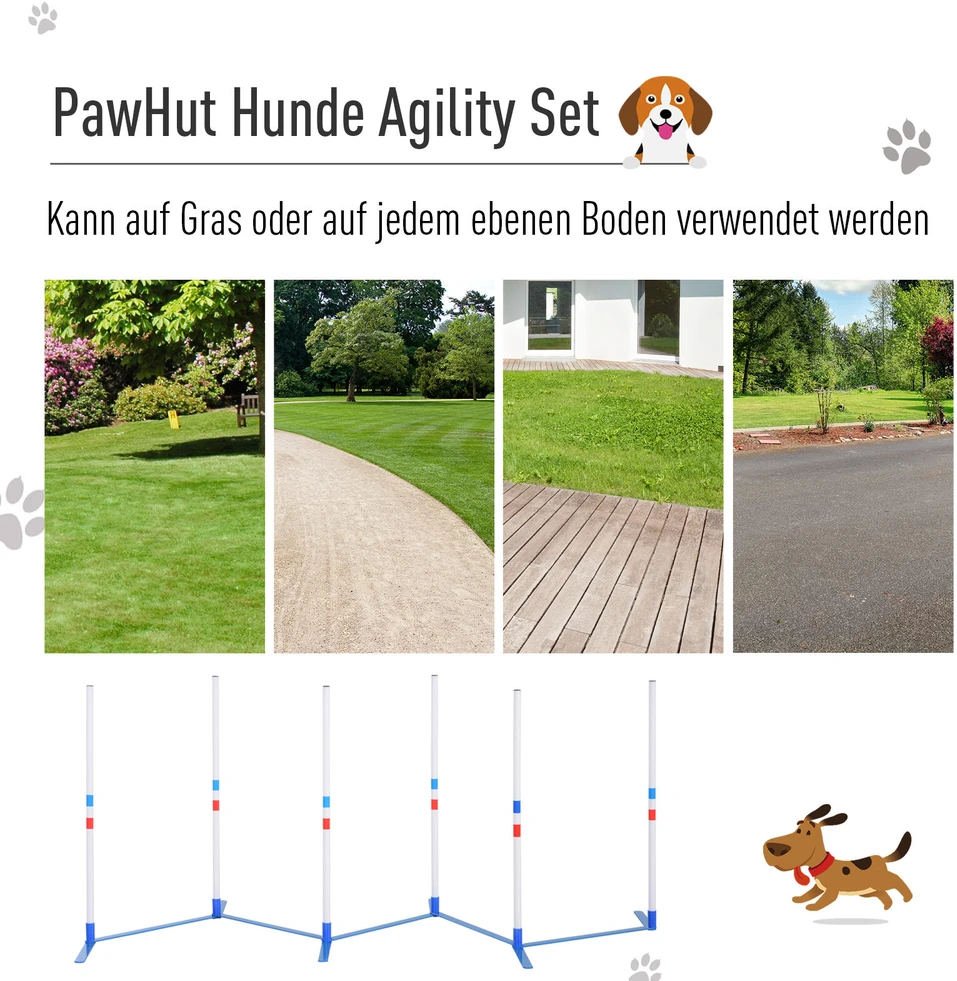 PawHut šunų slalomo stulpų agility treniruočių rinkinys su 600D krepšiu, polietileno plastikas, balta ir mėlyna spalvos, 305 x 60 x 94 cm