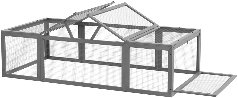PawHut triušių narvas, pagamintas iš eglės medienos, atsparus žiemai, su atidaromu stogu 180x90x48 cm, lauko narvas smulkiems gyvūnams, triušiams, jūrų kiaulytėms, pilkas