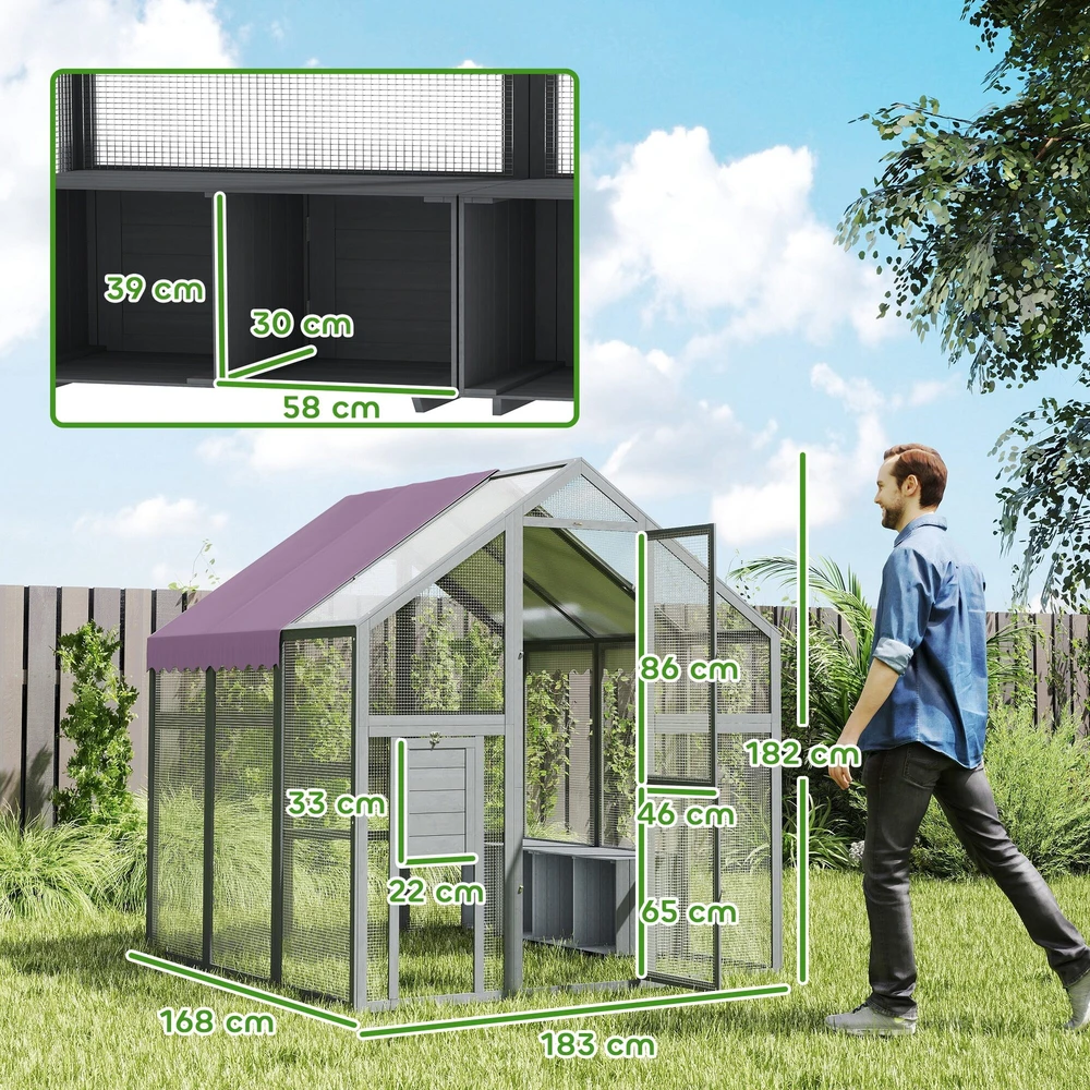 PawHut vištidė su voljeru 1,7x1,8x1,8 m, lauko aptvaras su užraktu, eglės mediena, vištidė su vandeniui atspariu, nuo UV spindulių apsaugančiu stogu, lauko paukštidė vištoms, 6-8 vištoms, antims, triušiams, pilka