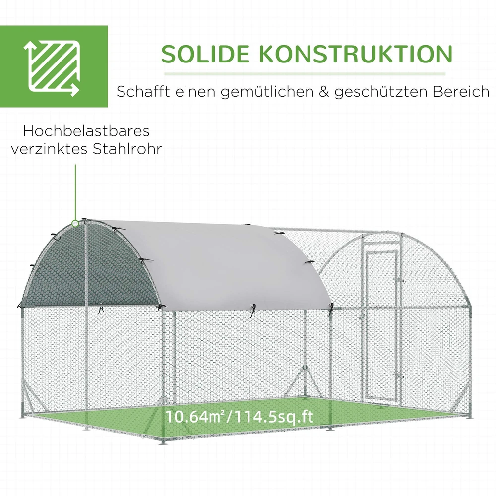 PawHut plieno vištidės lauko aptvaras, 280 x 380 x 197 cm narvas vištoms su UV spinduliams atspariu stogeliu, durelėmis, vištidė 6-12 vištų, smulkiems gyvūnams, sidabrinė