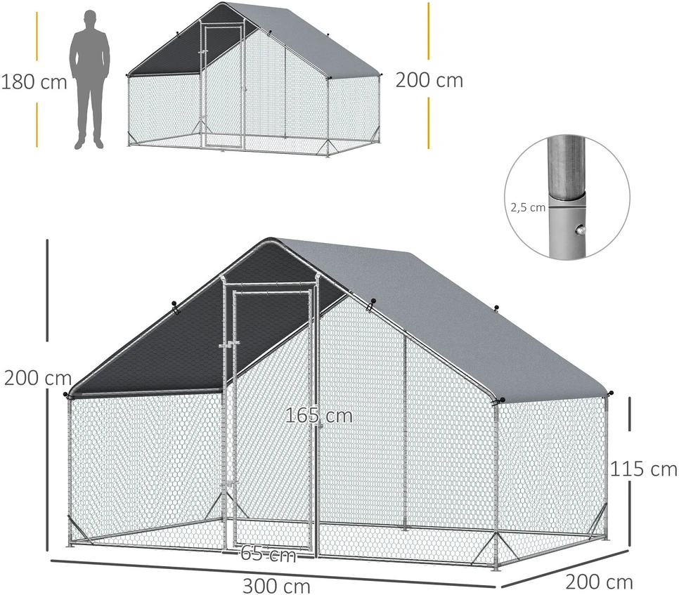 PawHut plieno vištidės voljeras, 300 x 200 x 200 cm vištų narvas su stogeliu, durelėmis, vištidė 4-6 vištoms, smulkiems gyvūnams, sidabrinė