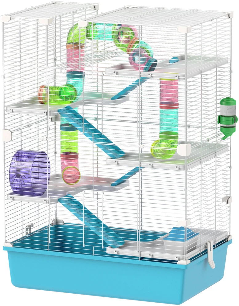 PawHut hamsterio narvas, 6 aukštų narvas smulkiems gyvūnams su vamzdžiais, tuneliais, nameliu, bėgimo rateliu, dubenėliu, gertuve, rampomis, skirtas nykštukiniams žiurkėnams ir smiltpelėms, 58 x 36 x 81 cm, šviesiai mėlynas