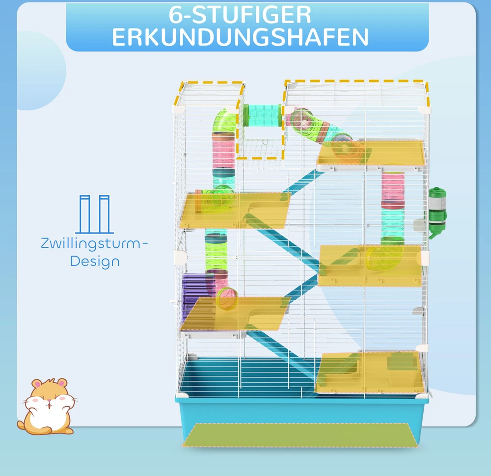 PawHut hamsterio narvas, 6 aukštų narvas smulkiems gyvūnams su vamzdžiais, tuneliais, nameliu, bėgimo rateliu, dubenėliu, gertuve, rampomis, skirtas nykštukiniams žiurkėnams ir smiltpelėms, 58 x 36 x 81 cm, šviesiai mėlynas