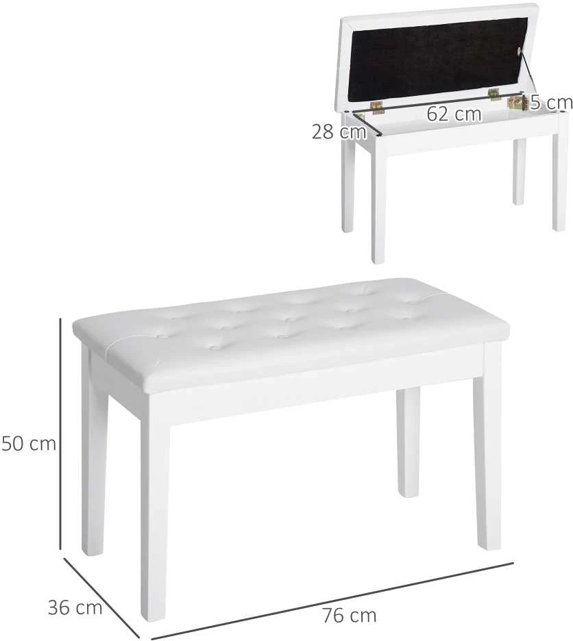 HOMCOM pianino kėdė, suoliukas pianinui, tradicinio kaimiško stiliaus kosmetinė kėdutė su daiktadėže, guminmedis, dirbtinė oda, balta, 76 x 36 x 50 cm