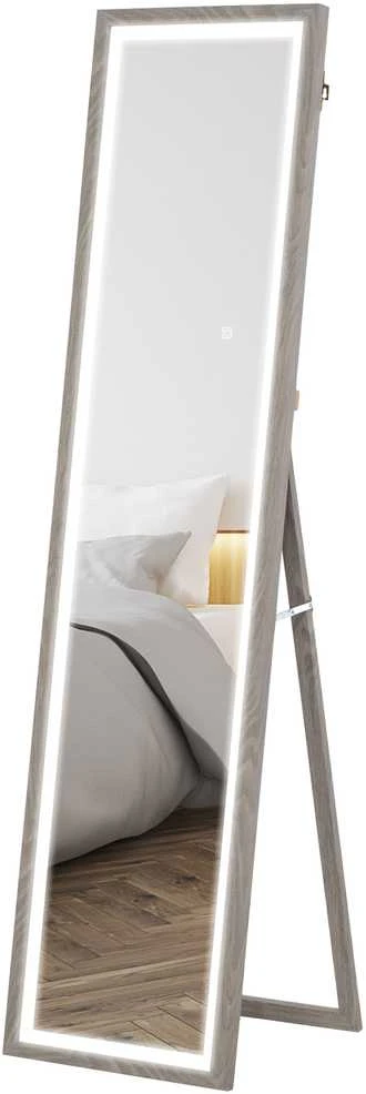 HOMCOM viso ūgio veidrodis 40 x 160 cm, pastatomas veidrodis su LED apšvietimu, 3 šviesos spalvos, sieninis veidrodis su jutikliniu valdymu, grindinis veidrodis miegamajam, svetainei, pilkas