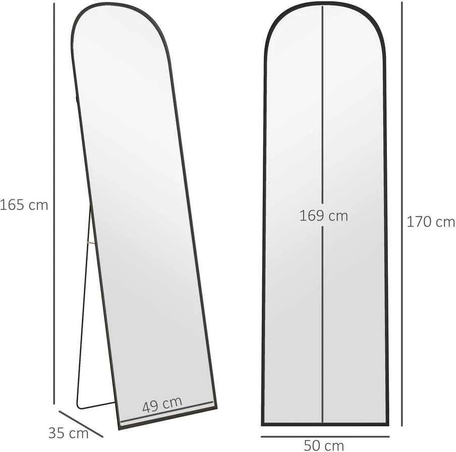 HOMCOM viso ūgio veidrodis 169 x 49 cm, arkinis pastatomas veidrodis su dūžimui atspariu stiklu ir aliuminio rėmu, sieninis veidrodis atraminis, laisvai pastatomas, svetainei, miegamajam, koridoriui, juodas