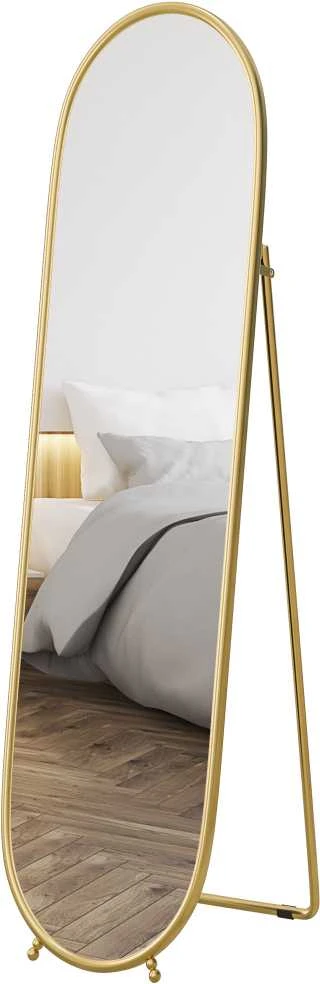 HOMCOM veidrodis per visą ūgį, 160 x 40 cm sieninis veidrodis su stovu, metalinis rėmas, ovalus pastatomas veidrodis svetainei, miegamajam, auksinis