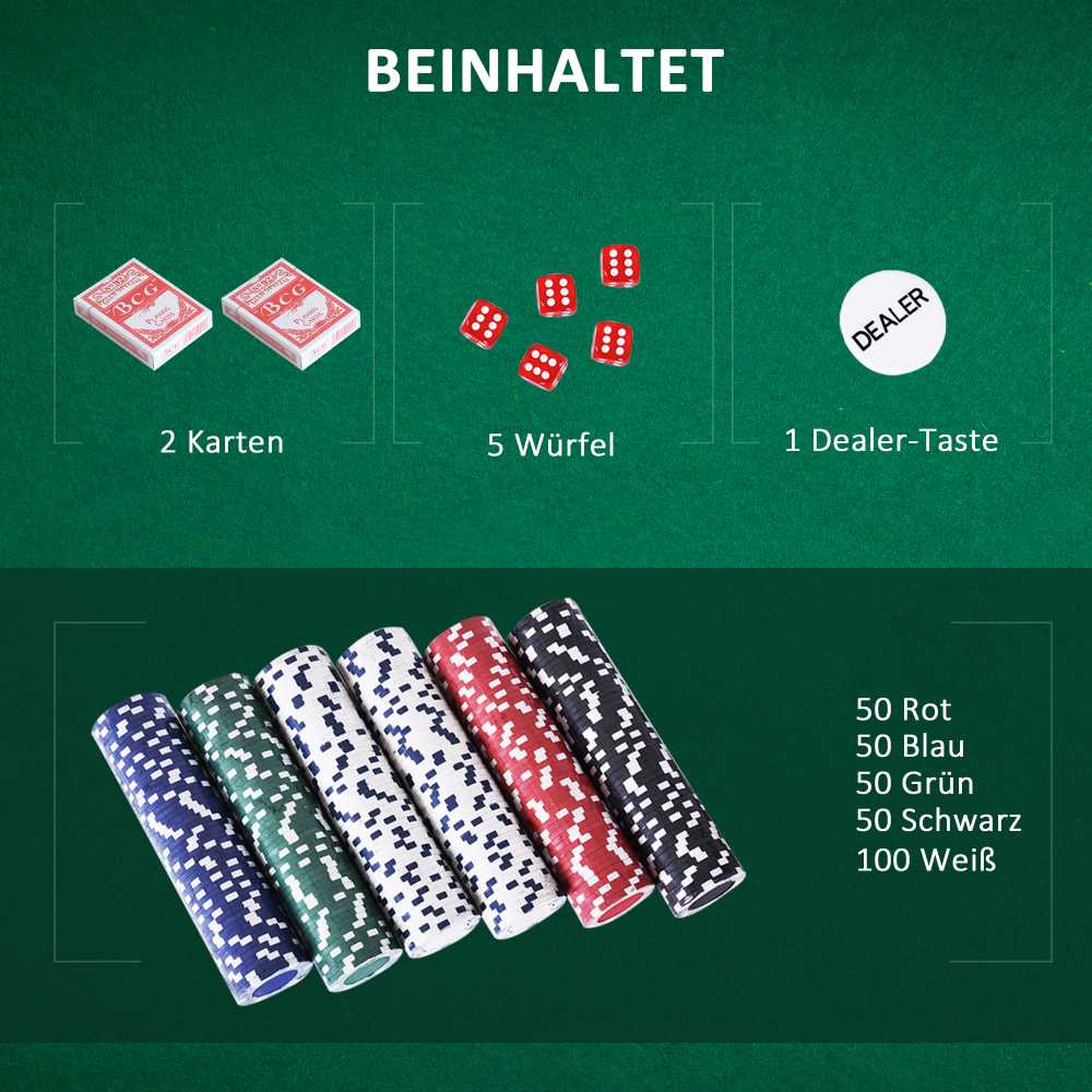 HOMCOM pokerio lagaminas, pokerio rinkinys, 500 žetonų, 2 kortų kaladės, 5 kauliukai, aliumininis lagaminas, pokerio rinkinys, žetonai, lagaminas, aliuminis + polistirenas, 55,5x22x6,5 cm