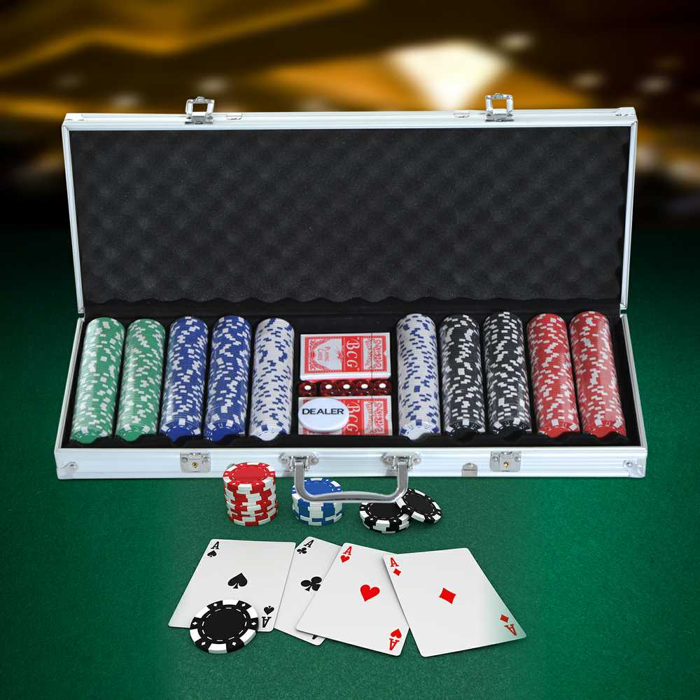 HOMCOM pokerio lagaminas, pokerio rinkinys, 500 žetonų, 2 kortų kaladės, 5 kauliukai, aliumininis lagaminas, pokerio rinkinys, žetonai, lagaminas, aliuminis + polistirenas, 55,5x22x6,5 cm