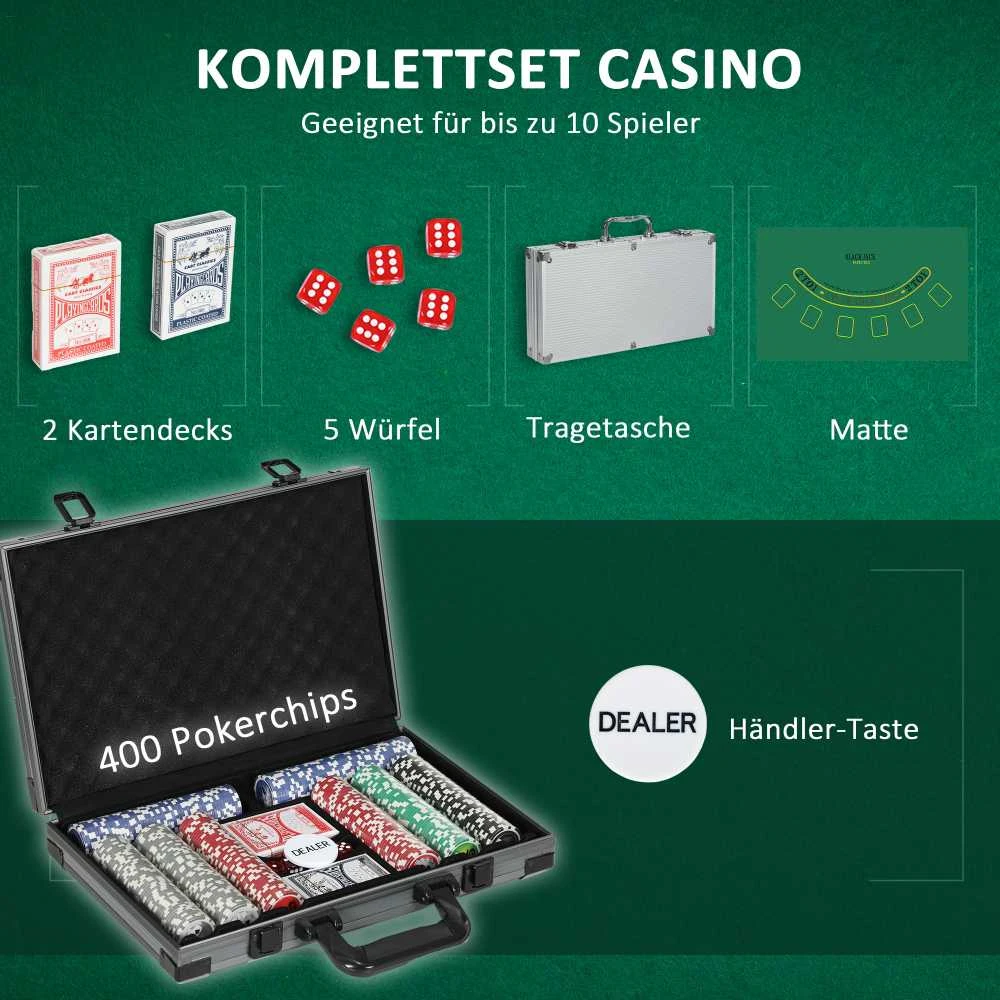 SPORTNOW pokerio lagaminas, pokerio komplektas su 400 žetonų, 11,5 g, 2 kortų kaladėmis, 5 kauliukais, dalintojo žetonu, žaidimų kilimėliu, aliumininiu lagaminu