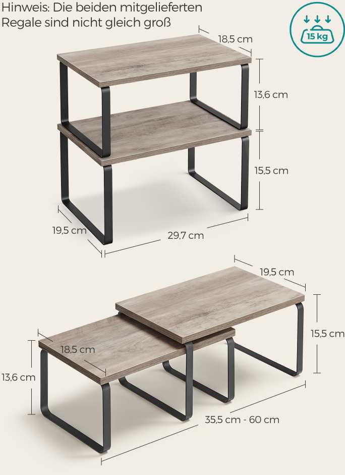 Songmics Virtuvės lentynų rinkinys, 19.5x29.7x15.5 cm ir 18.5x29.7x13.6 cm, juodas