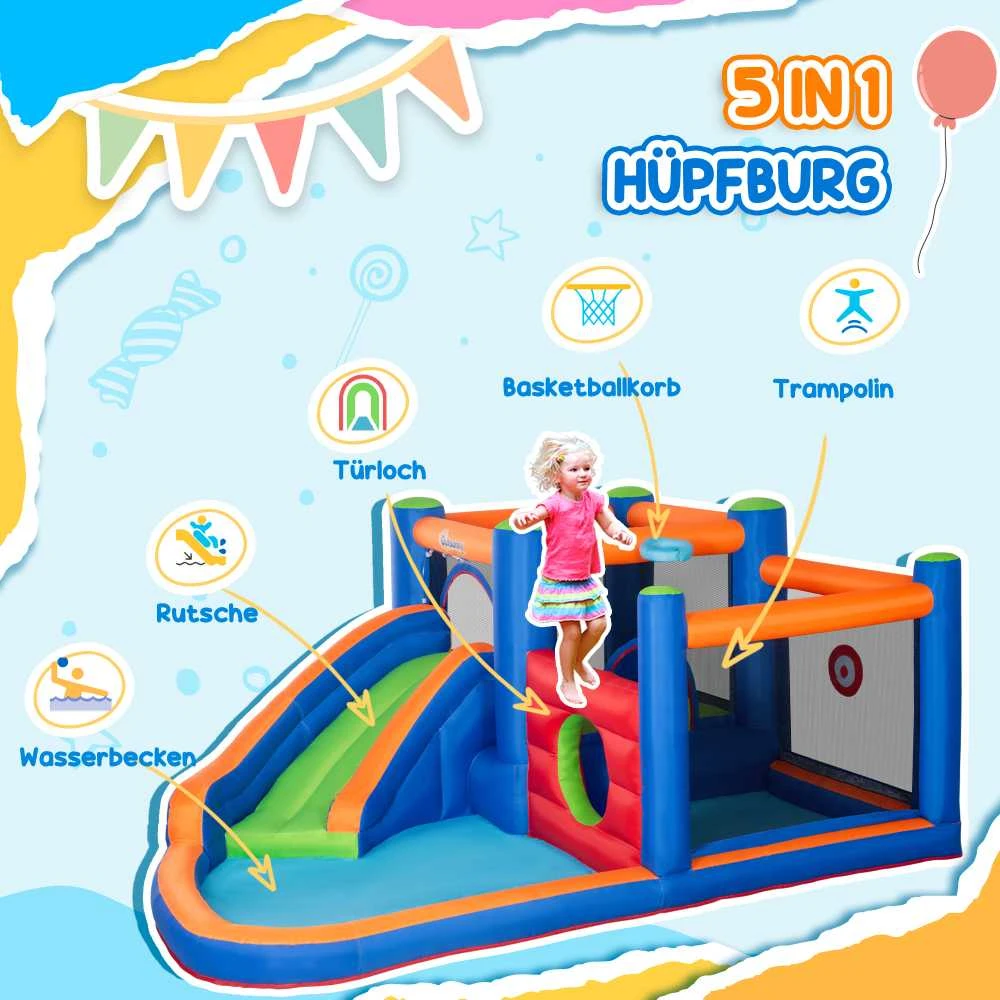 Pripučiamas batutas Outsunny, vandens parkas su pūstuvu, vandens čiuožykla, krepšinio lankas, pripučiamas žaidimų centras nuo 3 metų, batutas
