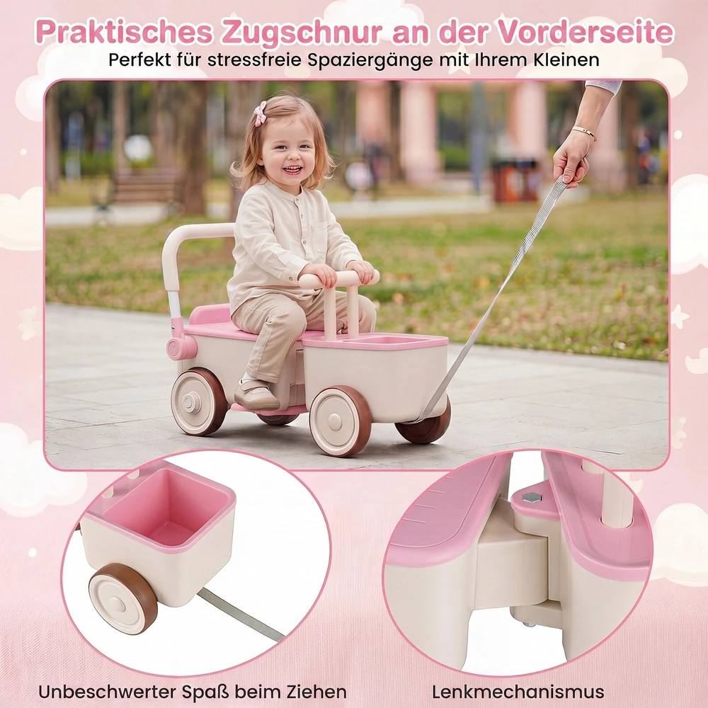 Promotions 3 viename vaikų stumdomas automobilis su virve ir daiktadėže 67,3x28x34,8 cm rožinis