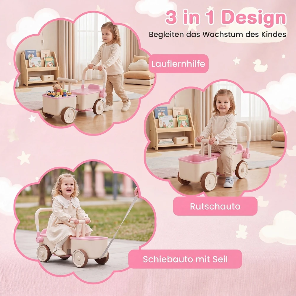 Promotions 3 viename vaikų stumdomas automobilis su virve ir daiktadėže 67,3x28x34,8 cm rožinis