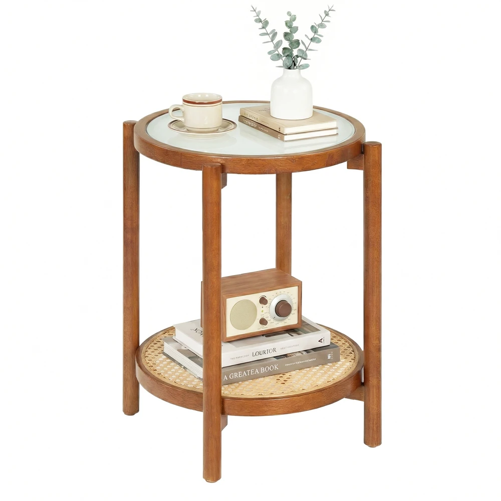 Promotions Apvalus šoninis staliukas 2 aukštų 47x47x58,5 cm natūralus/riešutas