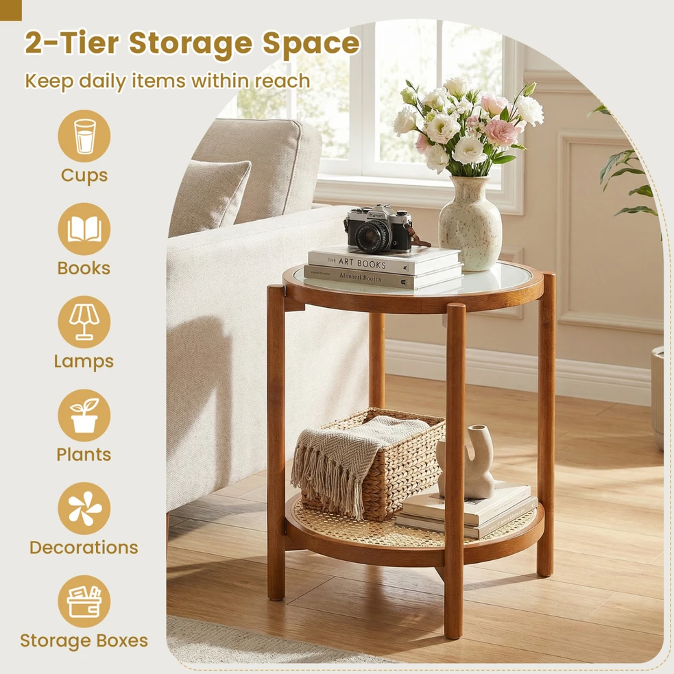 Promotions Apvalus šoninis staliukas 2 aukštų 47x47x58,5 cm natūralus/riešutas