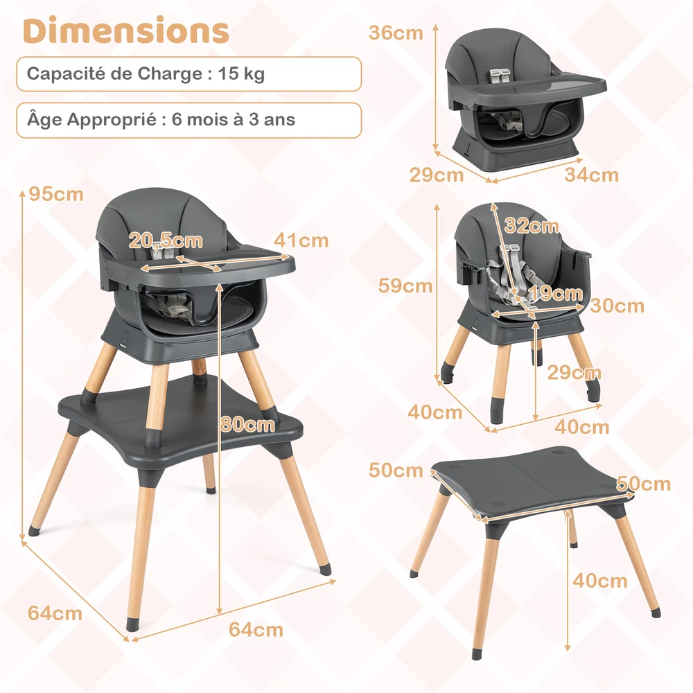Promotions Aukštas kėdė 9-in-1 konvertuojama su nuimamu padėklu 15 kg tamsiai pilka