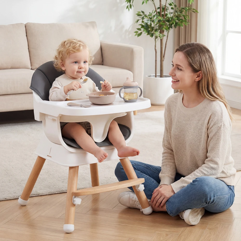 Promotions Aukštas kėdė reguliuojama kūdikių maitinimo kėdė 5 taškų saugos diržas 3 padėčių padėklas 6-36 mėn. pilka