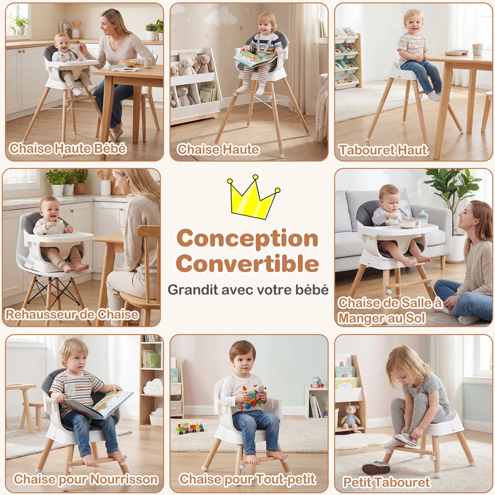 Promotions Aukštas kėdė reguliuojama kūdikių maitinimo kėdė 5 taškų saugos diržas 3 padėčių padėklas 6-36 mėn. pilka
