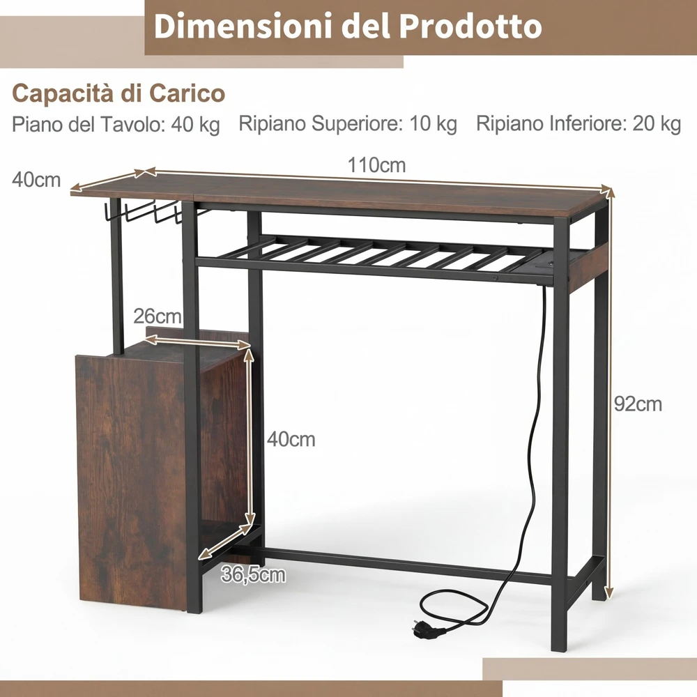 Promotions Baro skaitiklis reguliuojamas LED baro skaitiklis su įkrovimo stotele 110x40x92 cm juodas metalas