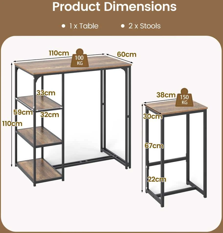 Promotions Baro stalo komplektas, 3 dalių baro aukščio valgomojo stalas su 2 taburetėmis, 111,8x61x111,8 cm, ruda