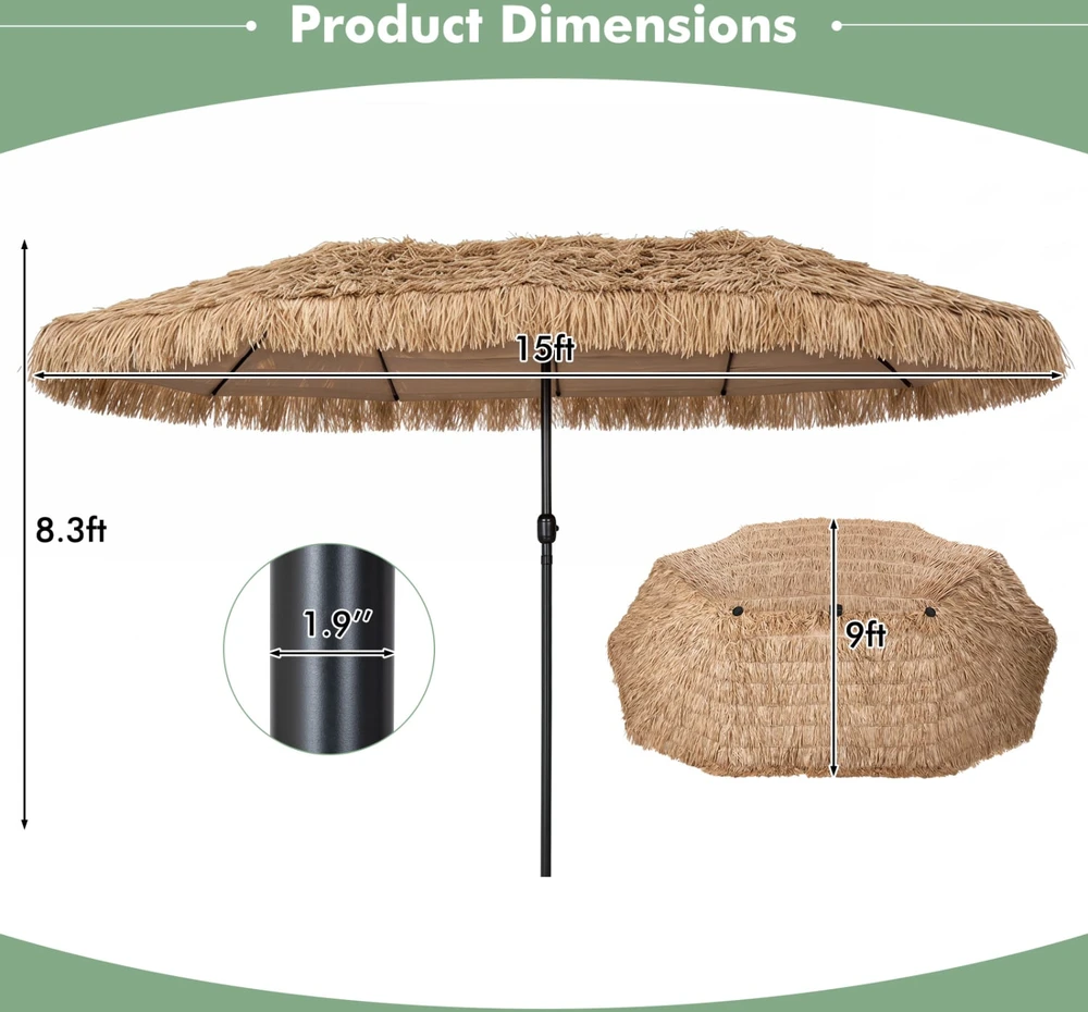 Promotions Dvipusis šiaudinis terasos skėtis 15x9x8,3 pėdų rudos/juodos spalvos