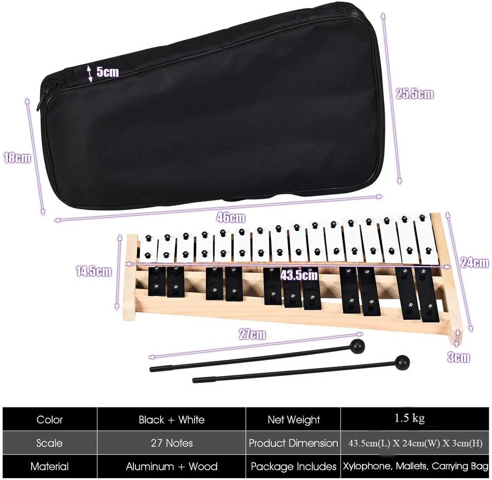 Promotions Glockenspiel, 27 natų, 43x24x4 cm, Juoda ir balta