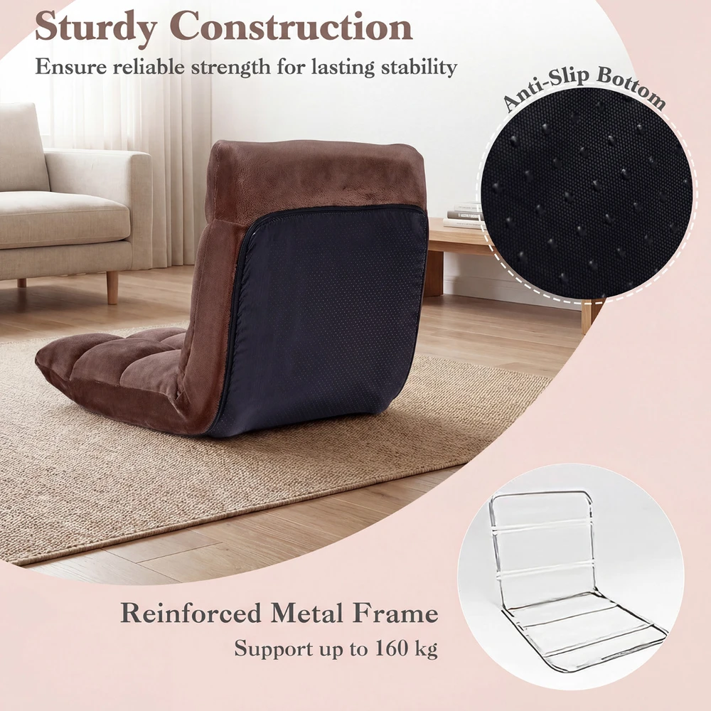 Promotions Grindų kėdė 14 pozicijų reguliuojama sulankstoma atlošiamas 98.5x49.5x14 cm rudos spalvos flanelė