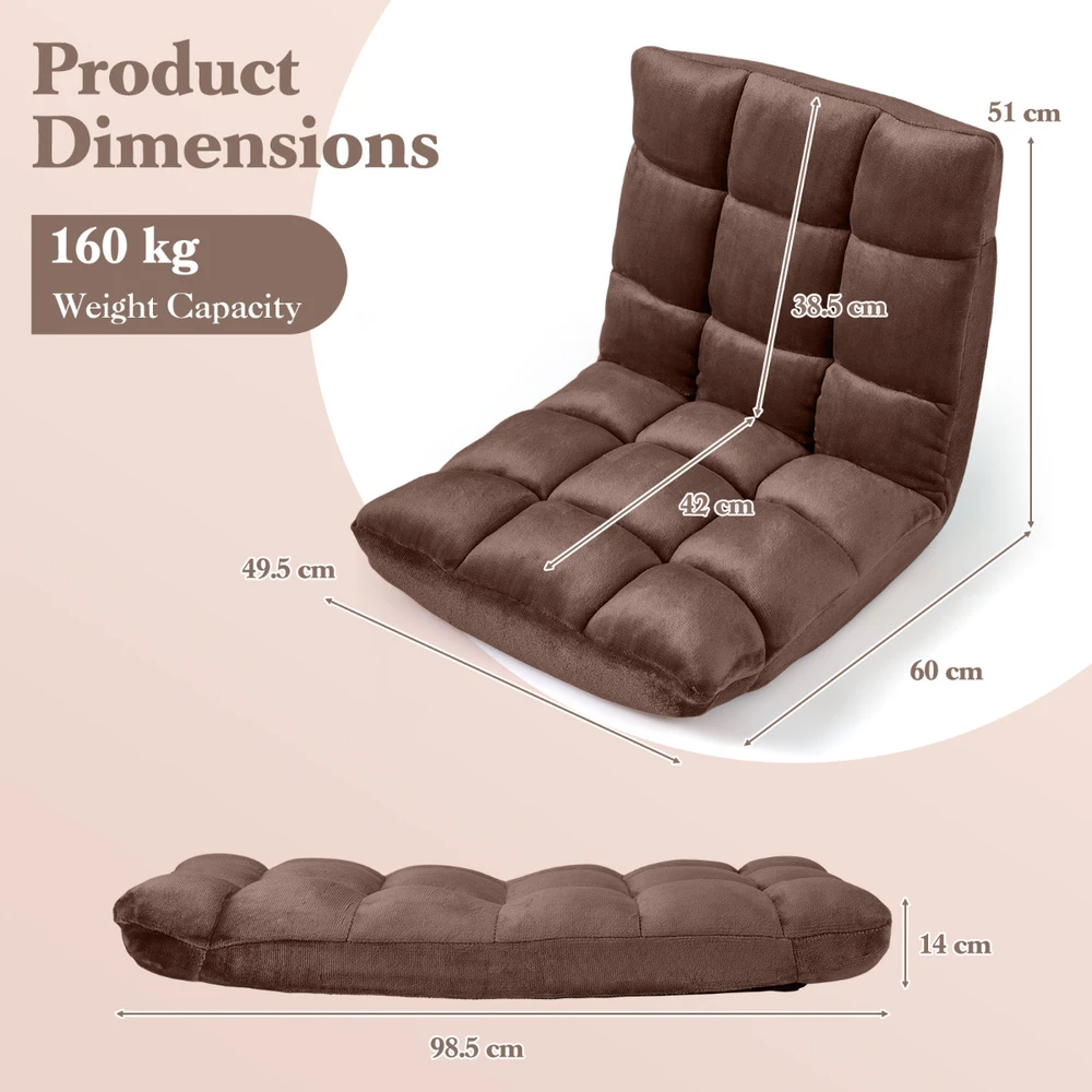 Promotions Grindų kėdė 14 pozicijų reguliuojama sulankstoma atlošiamas 98.5x49.5x14 cm rudos spalvos flanelė
