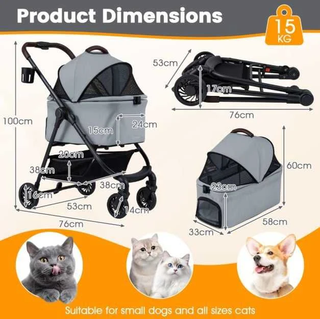 Promotions Gyvūnų vežimėlis, 3-in-1 vienarankis sulankstymas, 76x53x100 cm, pilka