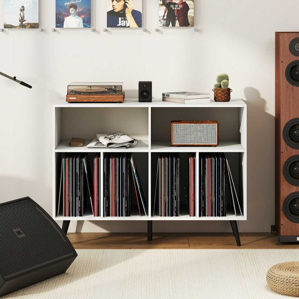 Promotions Vinilo plokštelių stovas, 5 kojų patefono stovas su lentynomis daiktams laikyti, baltas