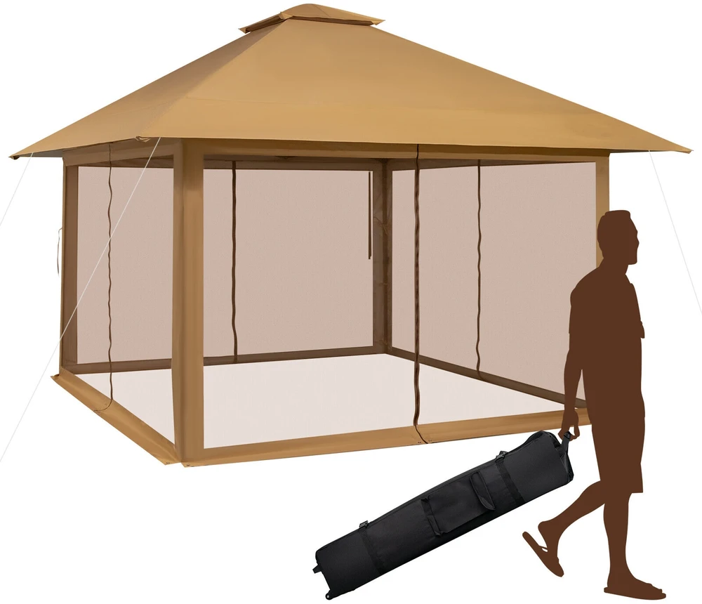 Promotions Iškylantis pavėsinė su užtrauktuku užsegamais tinklelio šoniniais sienelėmis 400x400x245-305 cm auksinė