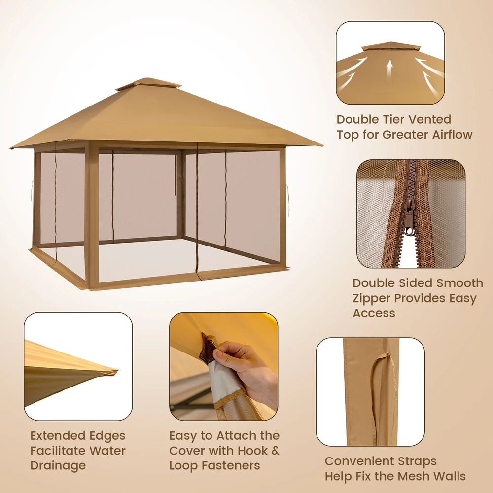 Promotions Iškylantis pavėsinė su užtrauktuku užsegamais tinklelio šoniniais sienelėmis 400x400x245-305 cm auksinė