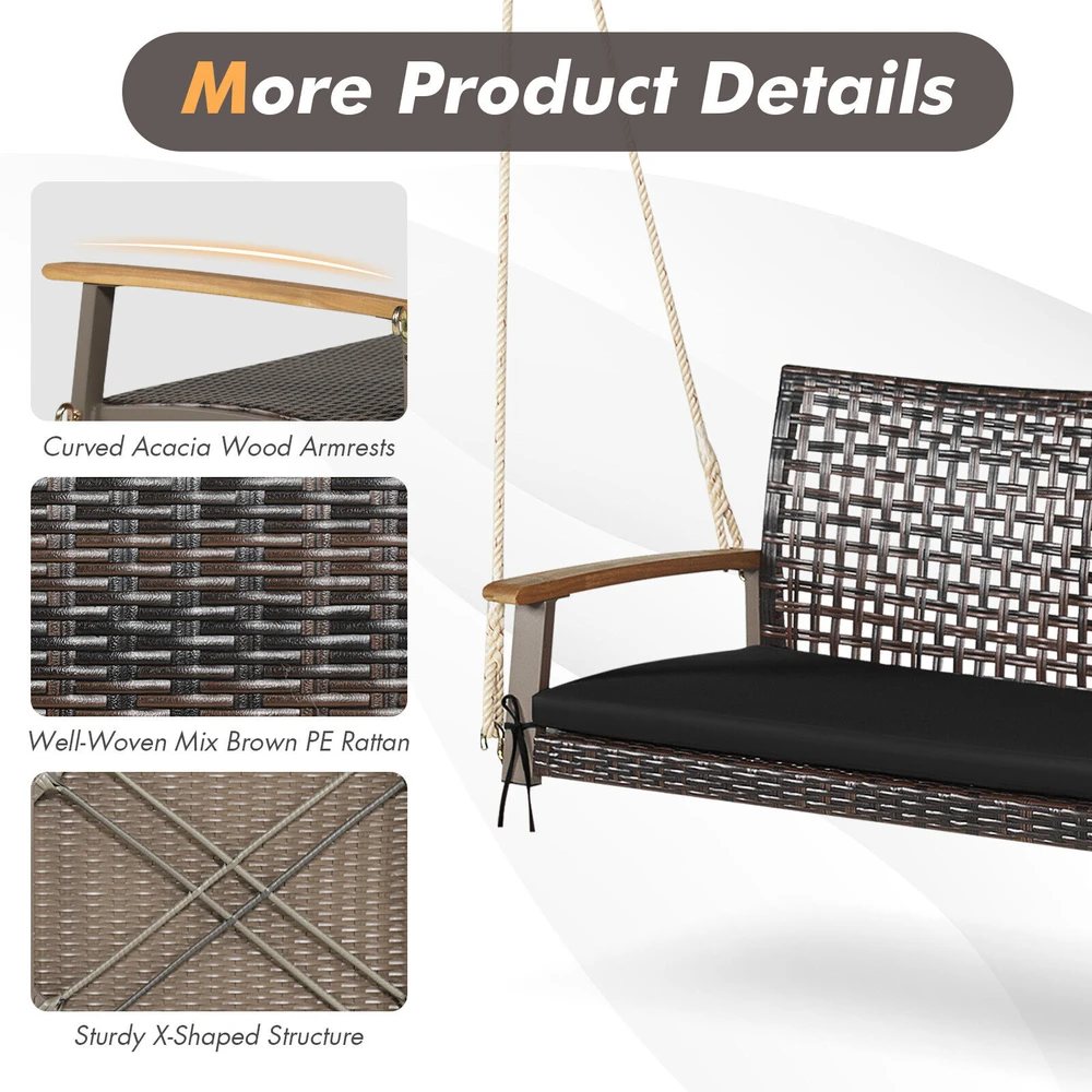 Promotions Kabanti pintos rotango veranda supamoji kėdė dviem 131x69x55 cm mišrios rudos spalvos, smėlio baltos/juodos/raudonos pagalvėlės