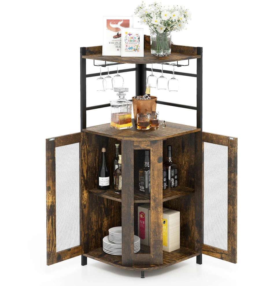 Promotions Kampinė baro spintelė su stiklo laikikliu ir reguliuojama lentyna 48,3x48,3x129,5 cm, kaimiško ruda