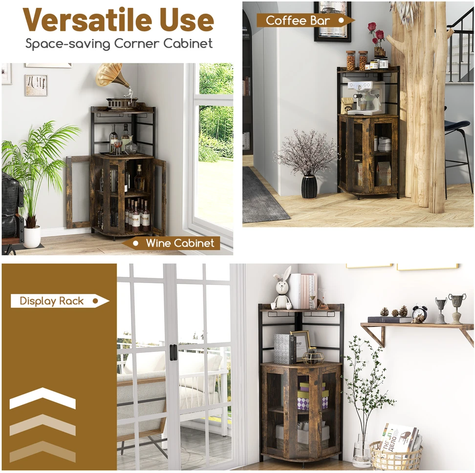 Promotions Kampinė baro spintelė su stiklo laikikliu ir reguliuojama lentyna 48,3x48,3x129,5 cm, kaimiško ruda