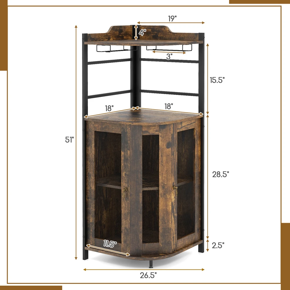 Promotions Kampinė baro spintelė su stiklo laikikliu ir reguliuojama lentyna 48,3x48,3x129,5 cm, kaimiško ruda
