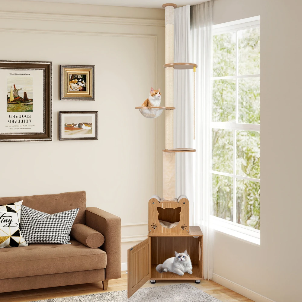 Promotions Katės draskyklė, nuo grindų iki lubų reguliuojamo aukščio su kraiko dėžės spinta, 67.3x44.5x256.5-275.6 cm, ruda