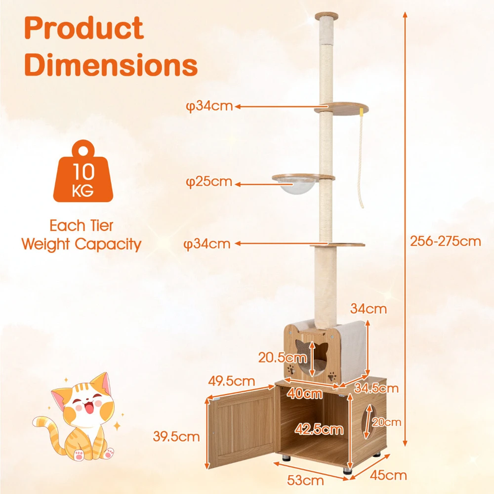 Promotions Katės draskyklė, nuo grindų iki lubų reguliuojamo aukščio su kraiko dėžės spinta, 67.3x44.5x256.5-275.6 cm, ruda