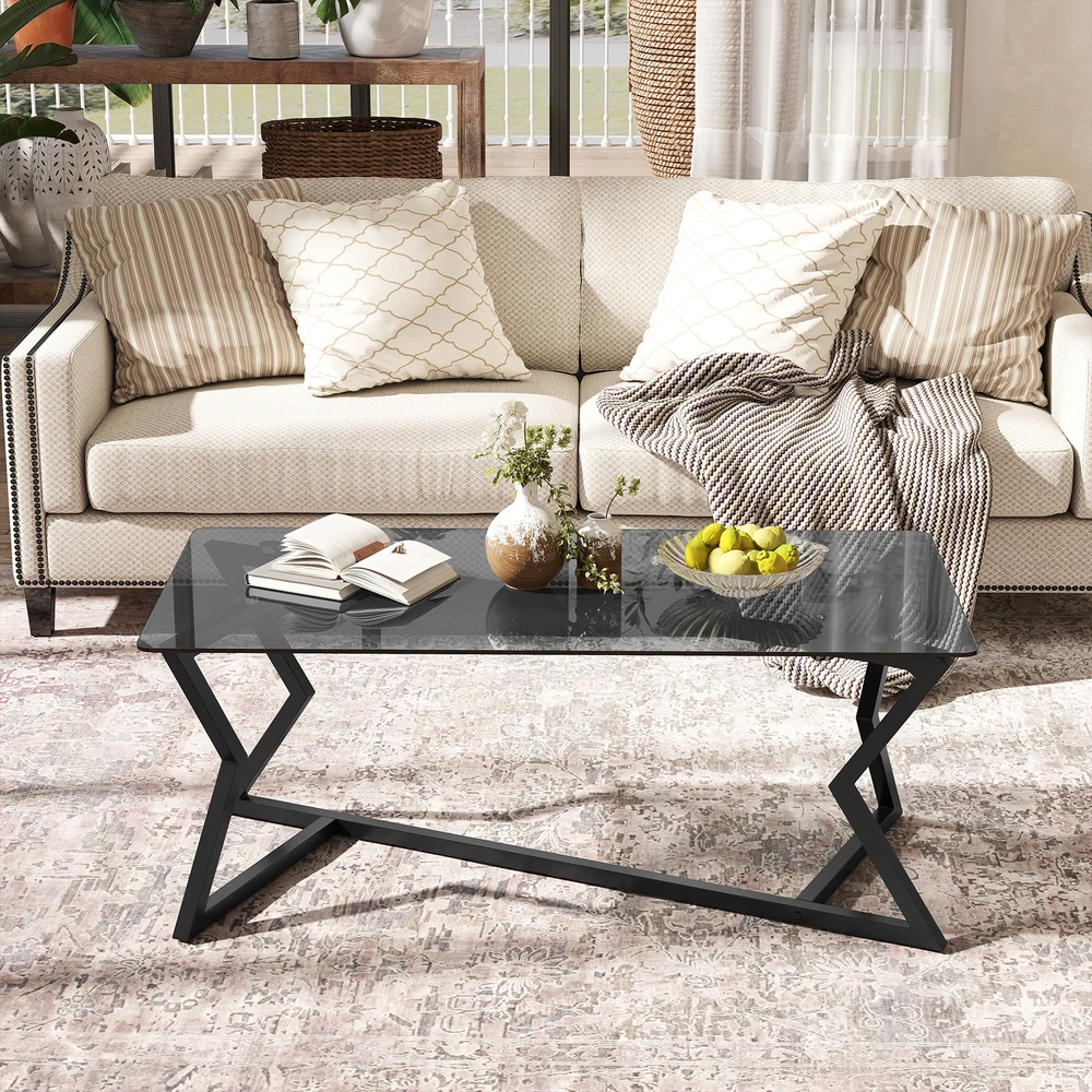 Promotions Kavos staliukas 110x55x44,5 cm Pilka Juoda Grūdintas stiklas Metalas