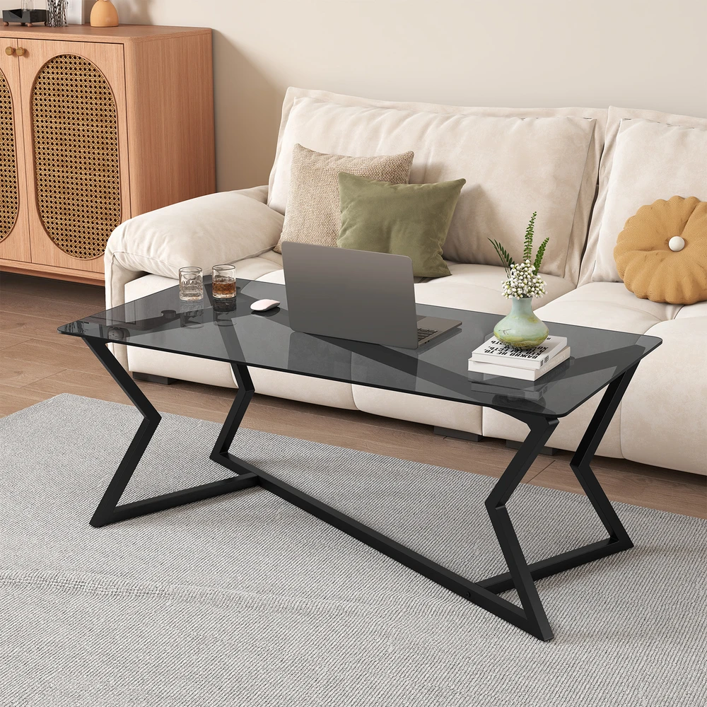 Promotions Kavos staliukas 110x55x44,5 cm Pilka Juoda Grūdintas stiklas Metalas