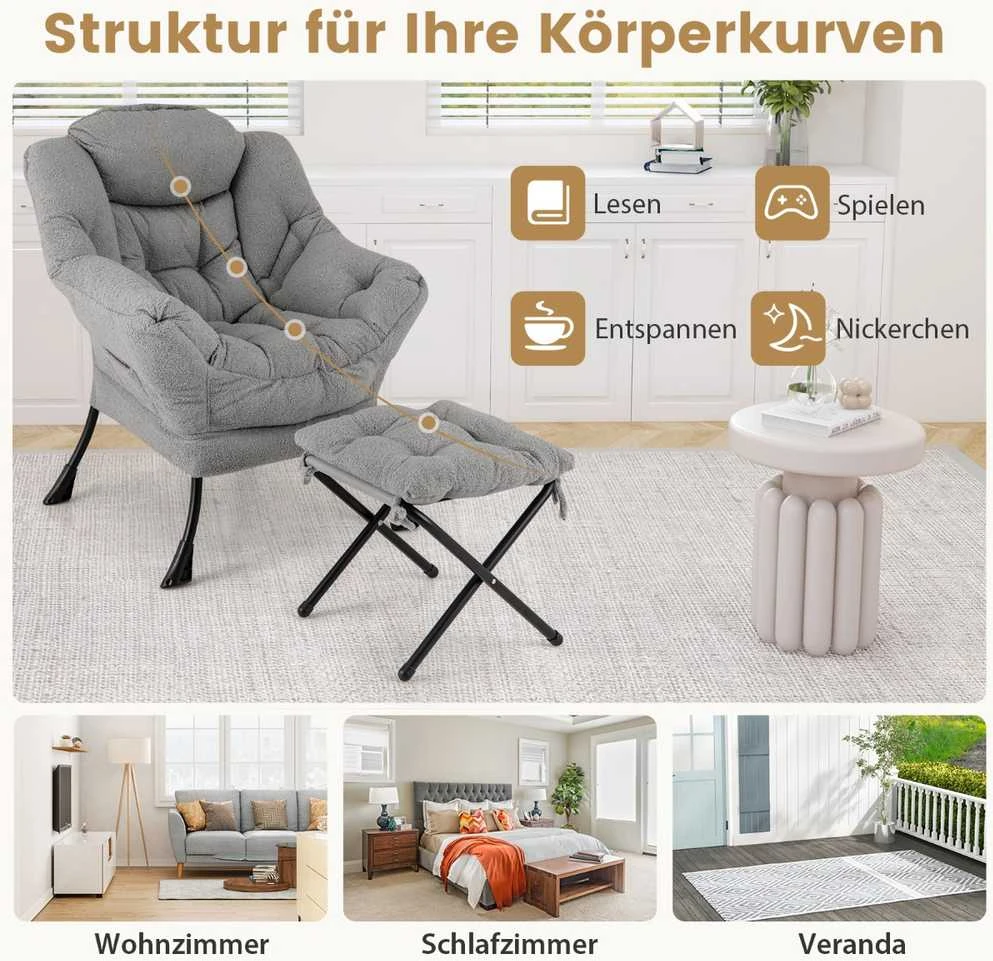 Promotions Kėdė su sulankstoma kojų atrama ir galvos pagalvėle, 80x73,7x96,5 cm, pilka