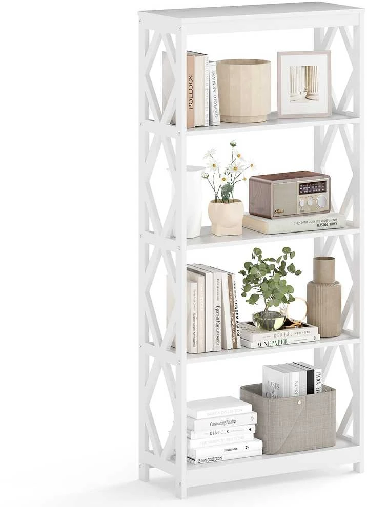 KNYGA Promotions Knygų lentyna, 5 pakopų atvira medinė lentyna, 70x30x155 cm, balta