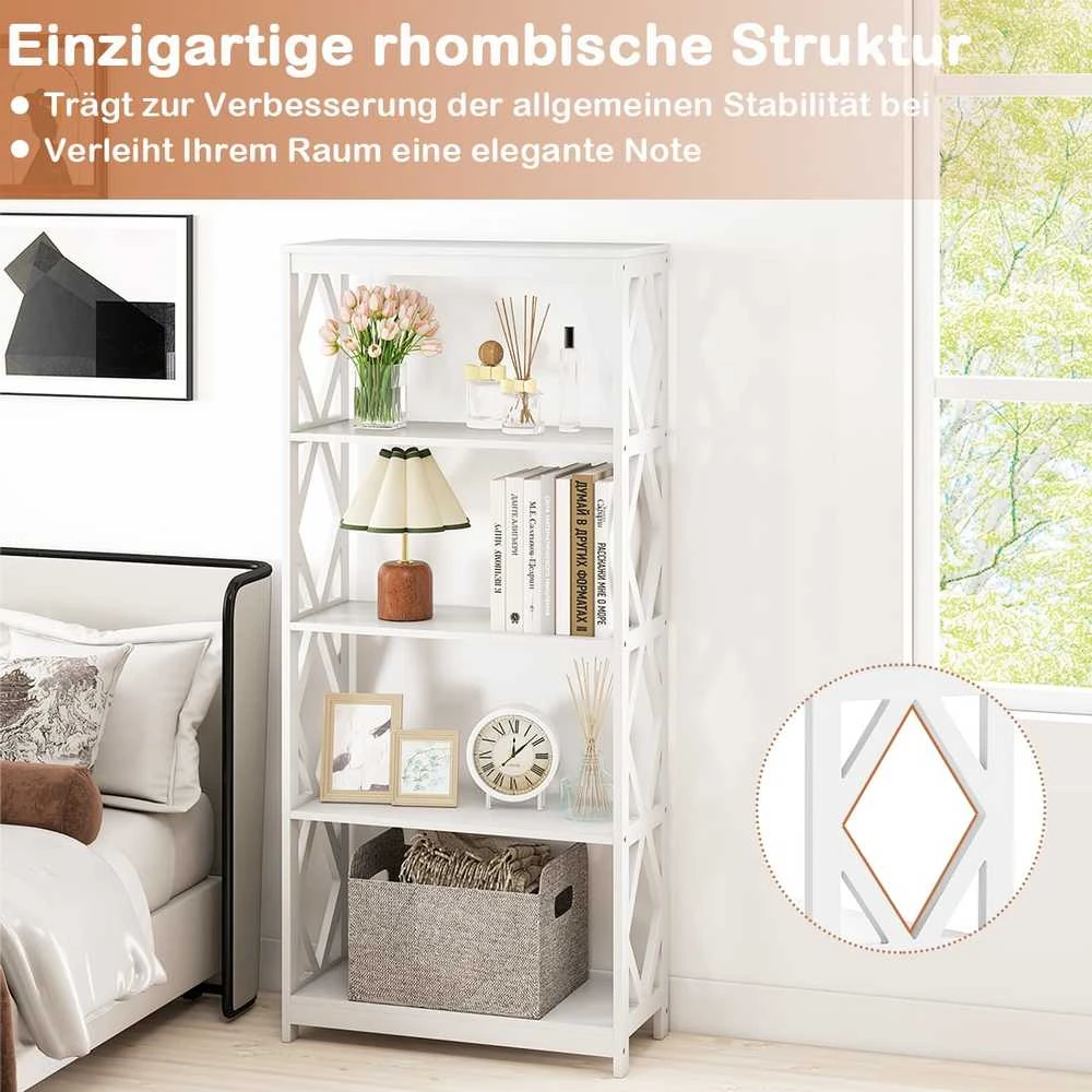 KNYGA Promotions Knygų lentyna, 5 pakopų atvira medinė lentyna, 70x30x155 cm, balta