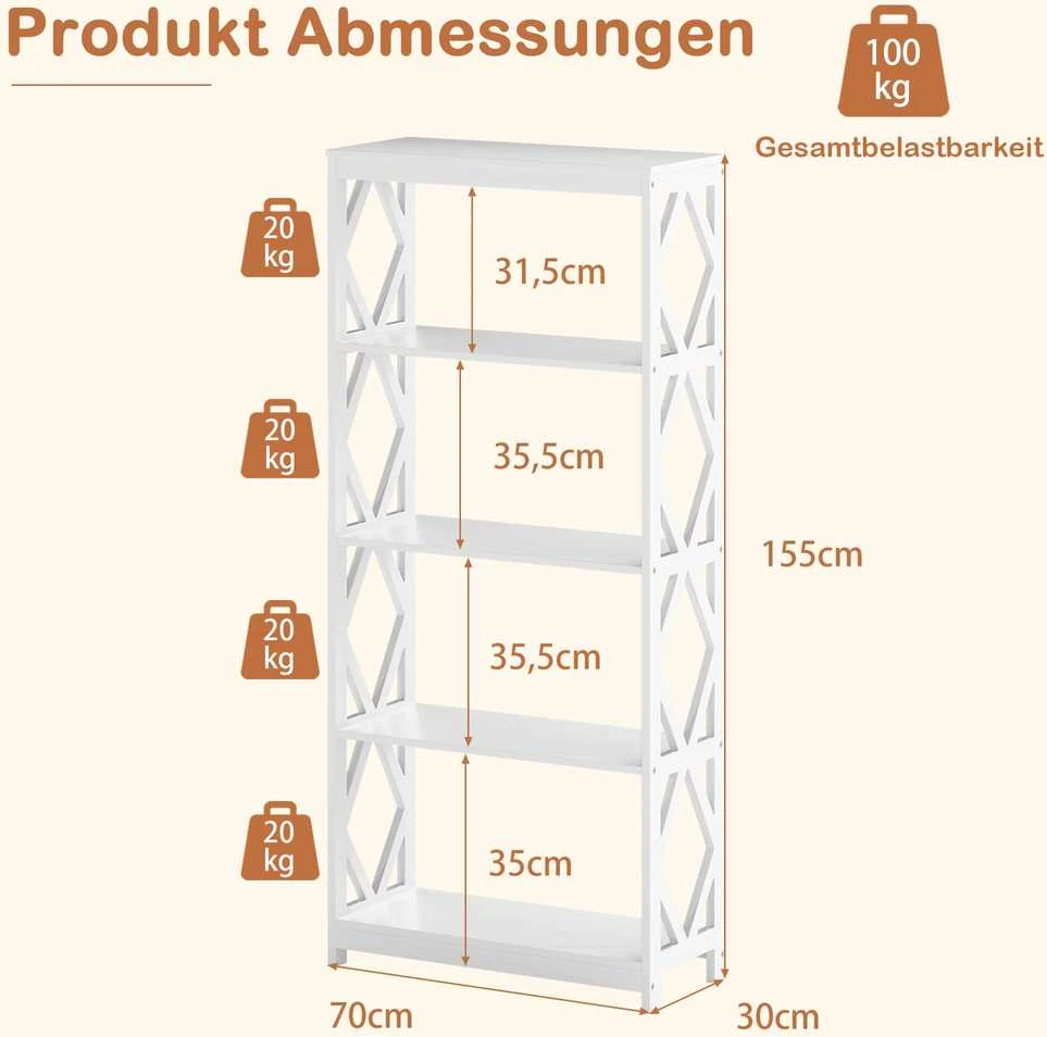 KNYGA Promotions Knygų lentyna, 5 pakopų atvira medinė lentyna, 70x30x155 cm, balta