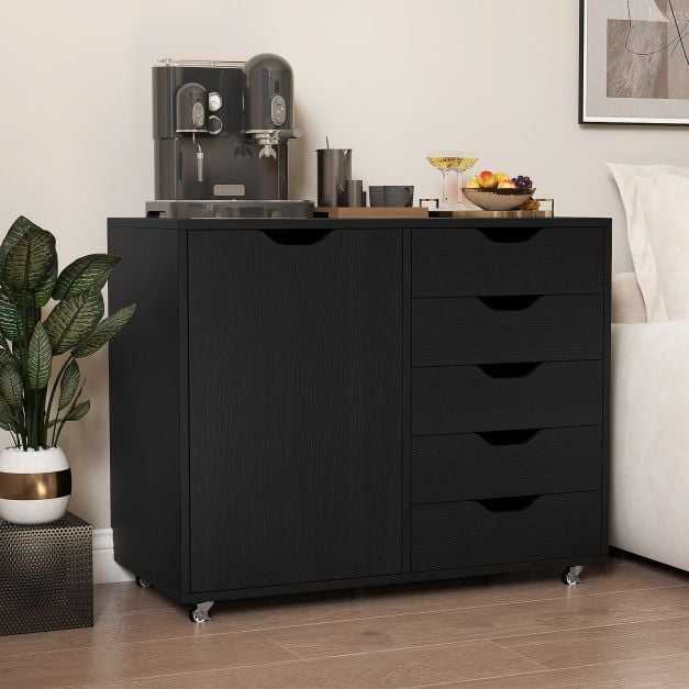 Promotions Komoda su 5 stalčiais, durelėmis ir reguliuojama lentyna, 78x40x65 cm, juoda